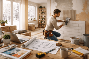 Homme réalisant des travaux de rénovation intérieure dans un logement en hiver