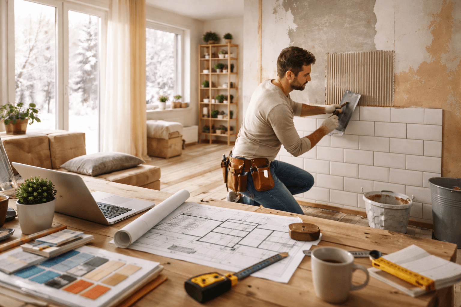 Homme réalisant des travaux de rénovation intérieure dans un logement en hiver